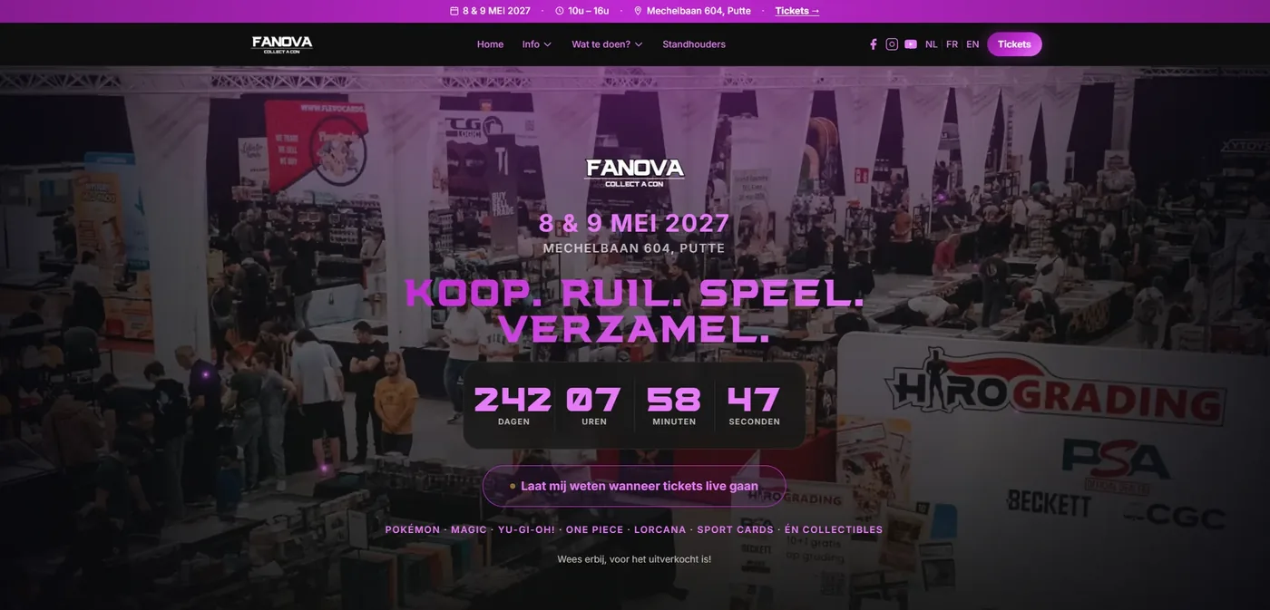Homepage van Fanova, een verzamelbeurs voor kaarten en collectibles, met paarse accenten en een aftelklok naar het evenement